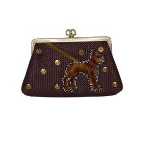 Vintage Jolles Original Needlepoint Brown Purse With Dog Motif & Gold-Tone Clasp